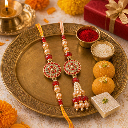 Premium Designer Peach Rakhi Set of 2 for Bhaiya Bhabhi – Traditional Lumba Set, Thread Rakhi with Stones | Ideal Raksha Bandhan Gift