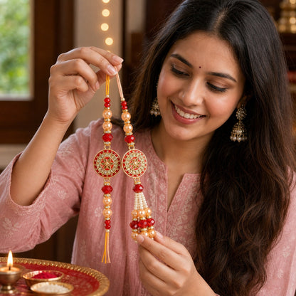 Premium Designer Peach Rakhi Set of 2 for Bhaiya Bhabhi – Traditional Lumba Set, Thread Rakhi with Stones | Ideal Raksha Bandhan Gift