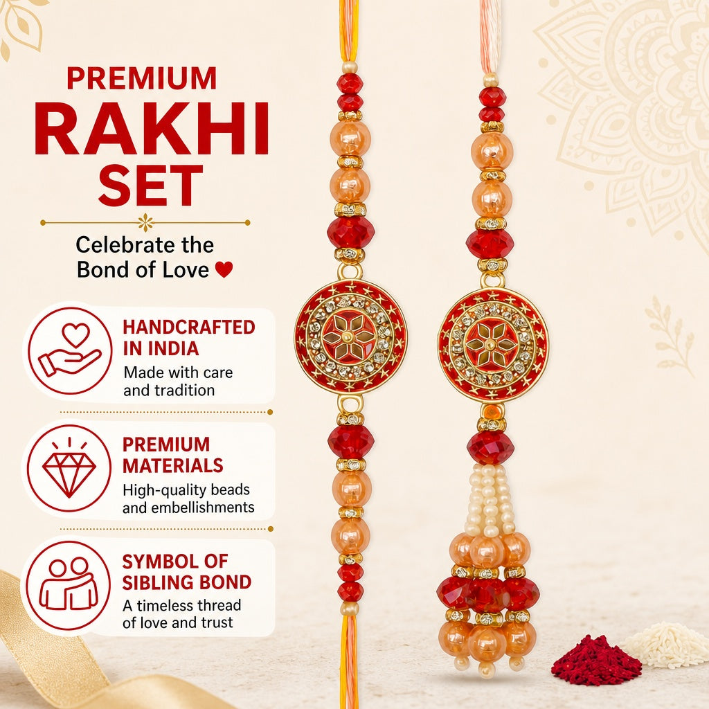 Premium Designer Peach Rakhi Set of 2 for Bhaiya Bhabhi – Traditional Lumba Set, Thread Rakhi with Stones | Ideal Raksha Bandhan Gift