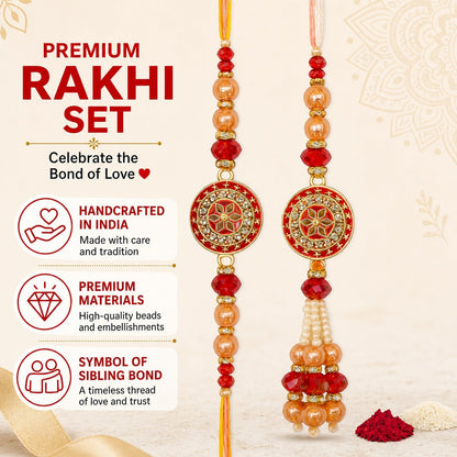 Premium Designer Peach Rakhi Set of 2 for Bhaiya Bhabhi – Traditional Lumba Set, Thread Rakhi with Stones | Ideal Raksha Bandhan Gift