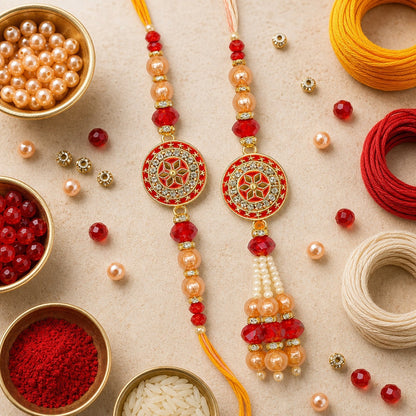 Premium Designer Peach Rakhi Set of 2 for Bhaiya Bhabhi – Traditional Lumba Set, Thread Rakhi with Stones | Ideal Raksha Bandhan Gift