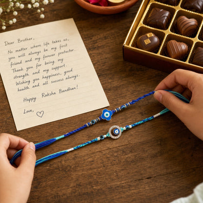 Premium Designer Evil Eye Rakhi Set of 2 for Brother, Bhai – Rakhi Thread, Rakhi Bracelet, Traditional Raksha Bandhan Gift for Bhaiya
