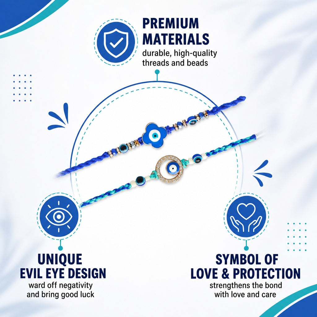 Premium Designer Evil Eye Rakhi Set of 2 for Brother, Bhai – Rakhi Thread, Rakhi Bracelet, Traditional Raksha Bandhan Gift for Bhaiya