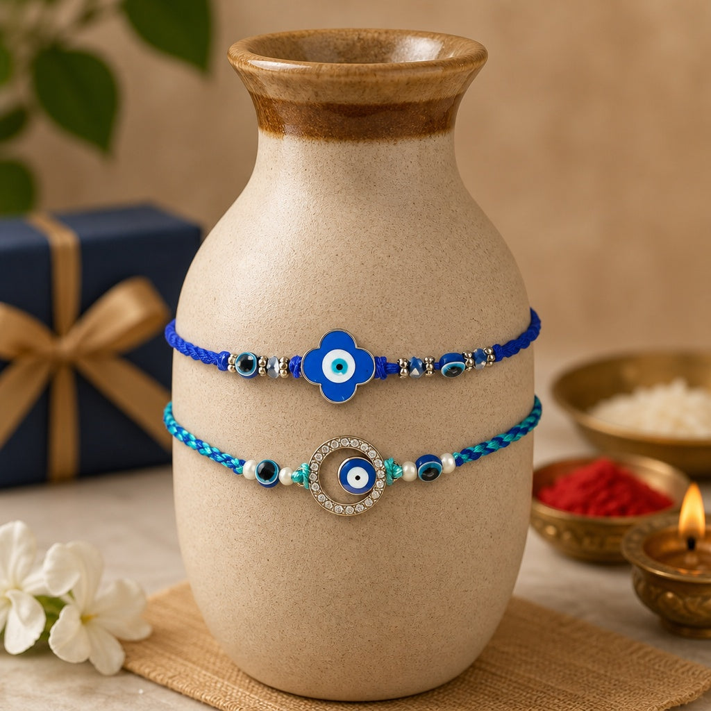 Premium Designer Evil Eye Rakhi Set of 2 for Brother, Bhai – Rakhi Thread, Rakhi Bracelet, Traditional Raksha Bandhan Gift for Bhaiya