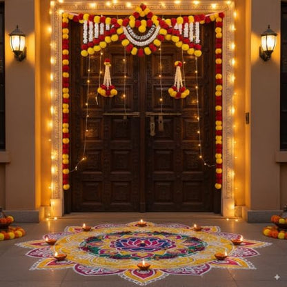 Store Indya Artificial Marigold Garland, Pink and White Pearl Beads, 3 Feet Traditional Toran Bandhanwaar Door Hanging for Religious Ceremonies and Festivals