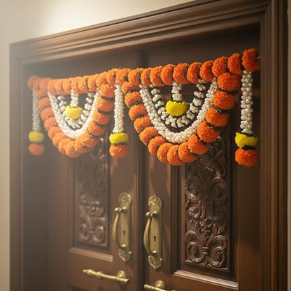 Store Indya Decorative Artificial Marigold and Pearl Toran, Traditional Orange Flower Door Hanging