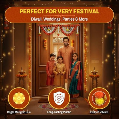 Store Indya Decorative Artificial Marigold and Pearl Toran, Traditional Orange Flower Door Hanging