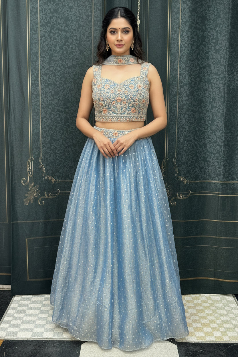 Pastel blue: Tissue silk lehenga Choli set