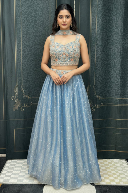 Pastel blue: Tissue silk lehenga Choli set