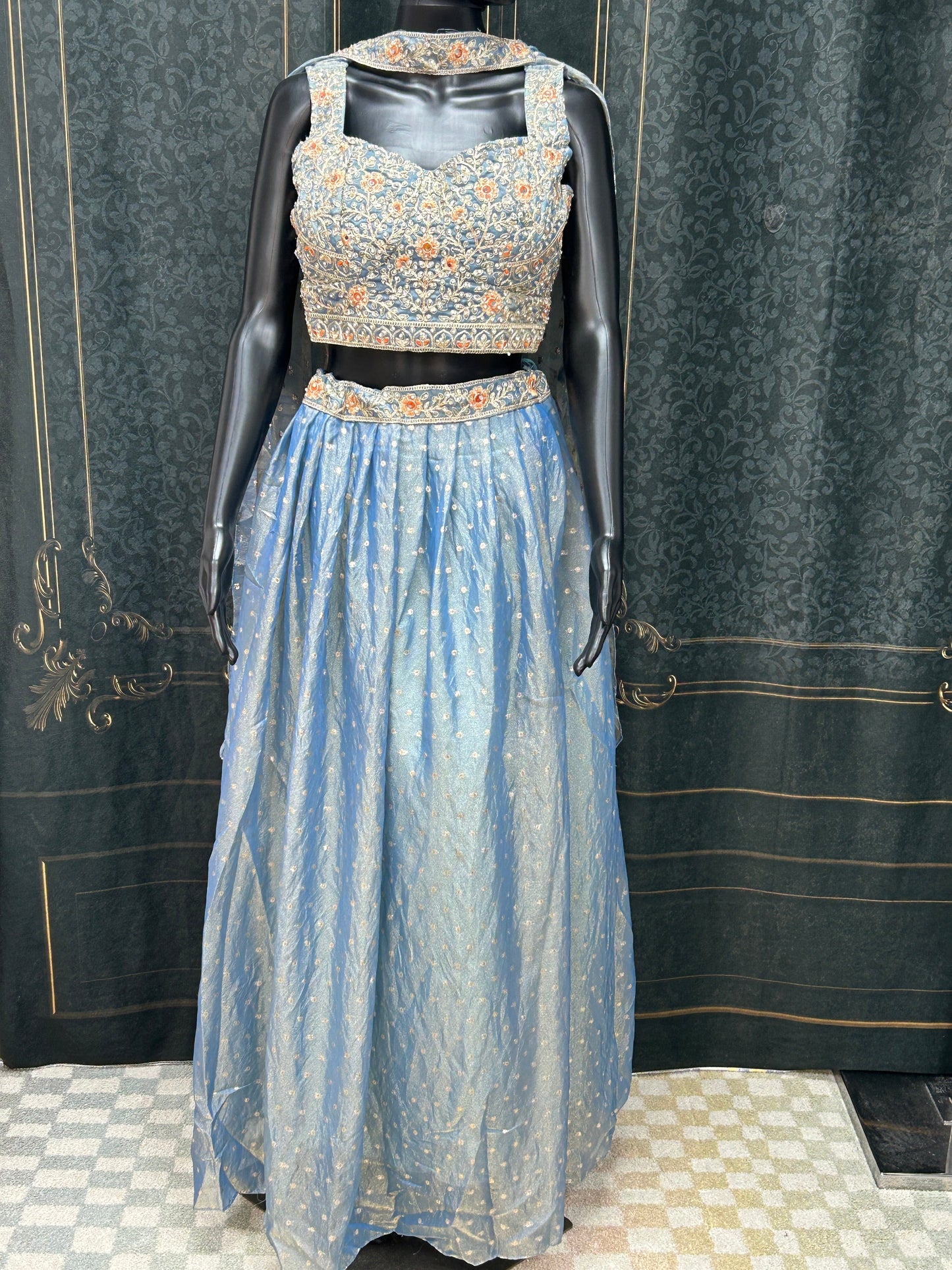 Pastel blue: Tissue silk lehenga Choli set
