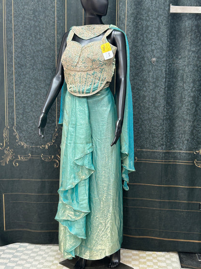 Teal : Lehenga saree : fusion readymade saree