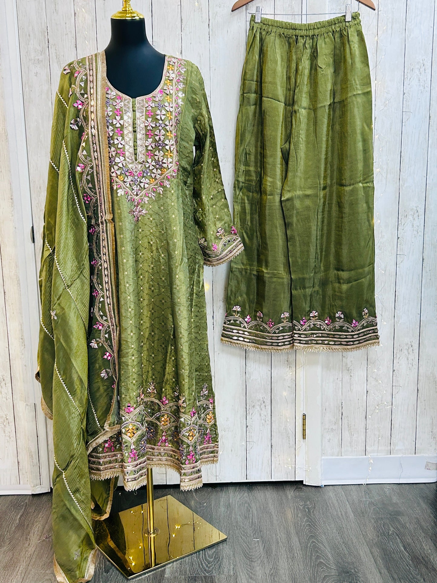 Mehandi green Anarkali suit with palazzo