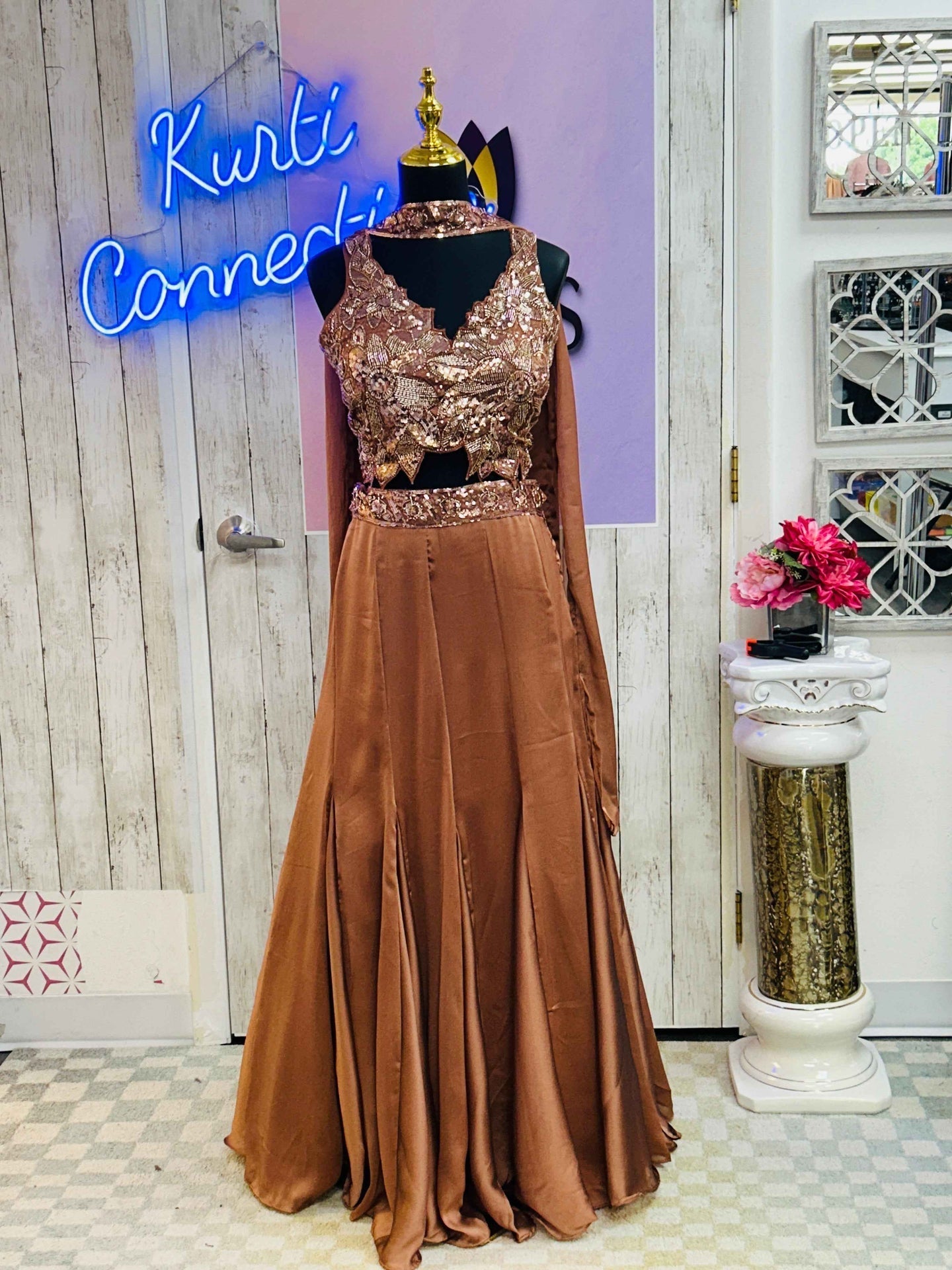 Satin silk lehenga with necklace dupatta
