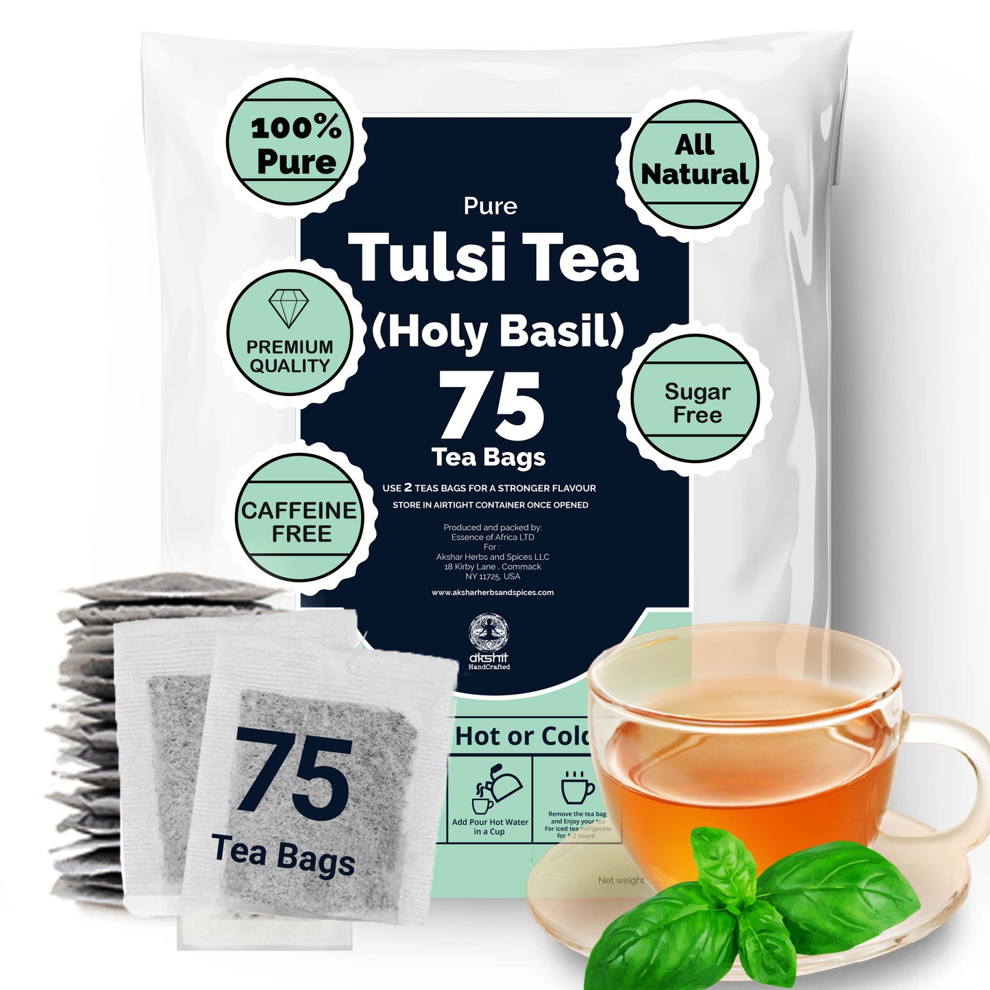 Akshit Holy Basil Tea ( Tulsi Leaf Tea ) ( 75 Tea Bags), Stress Relieving, Made with Pure Dried Holy Basil Tea loose Leaves, Immune Support Tea, Herbal Tea, Caffeine-free, Non-Gmo, Tulsi Energy Tea.