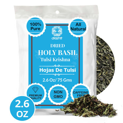 Akshit Holy Basil Leaves, Naturally Dried Leaves, 100% Pure Holy Basil (Tulsi) Tea , No Caffeine, No Additives, Vegan - 2.6oz