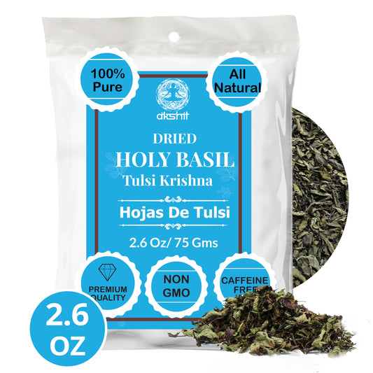 Akshit Holy Basil Leaves, Naturally Dried Leaves, 100% Pure Holy Basil (Tulsi) Tea , No Caffeine, No Additives, Vegan - 2.6oz