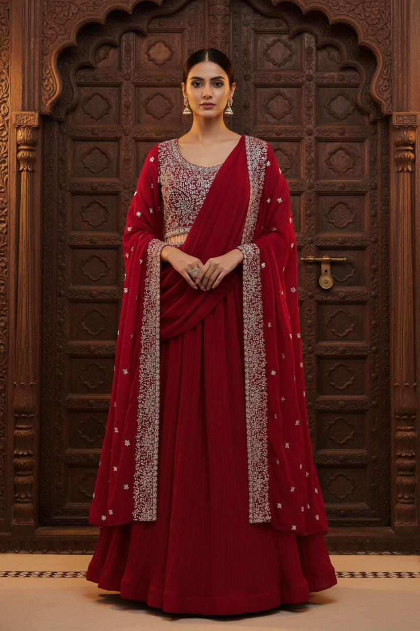 Dark pink lehenga Choli set with jacket and pre stitched dupatta