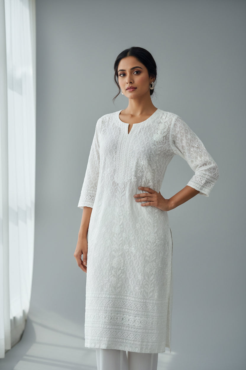 White chikankari kurti with light sequin work