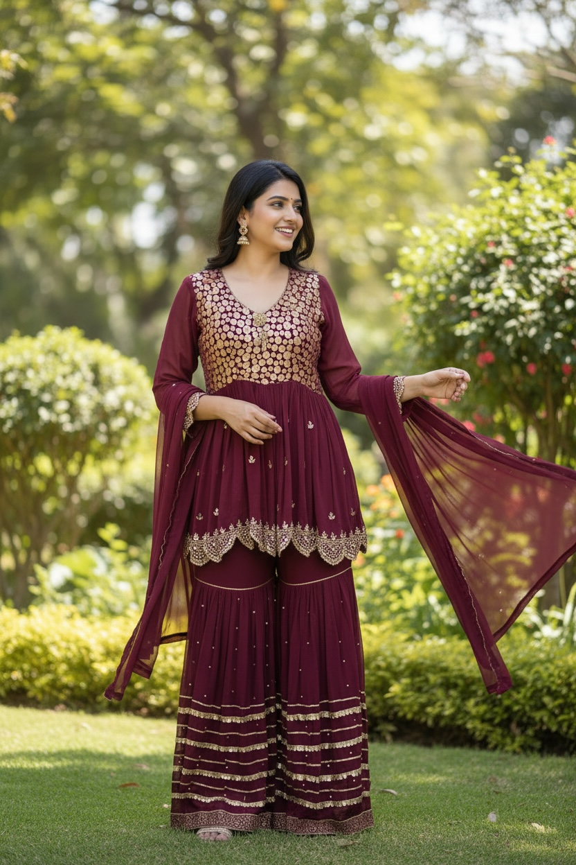 Maroon chiffon sharara suit