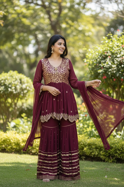 Maroon chiffon sharara suit