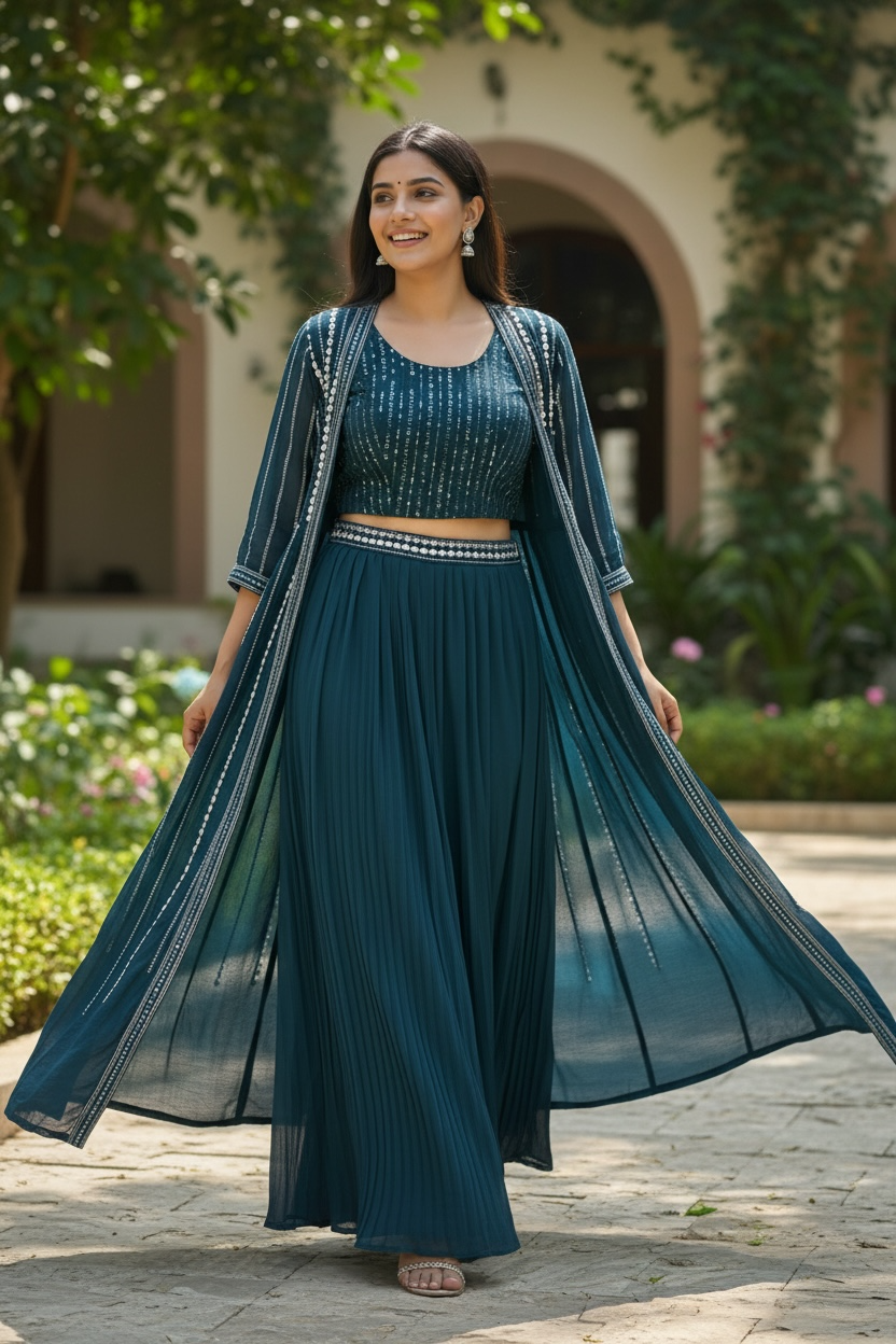 Dark blue lehenga set with long jacket