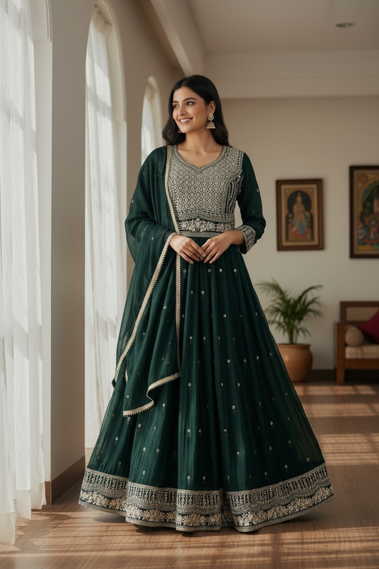 Chinon silk long gown : green