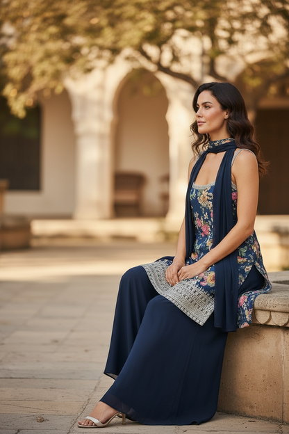 Sleeveless Kurti Plazzo set with necklace dupatta: sharara suit