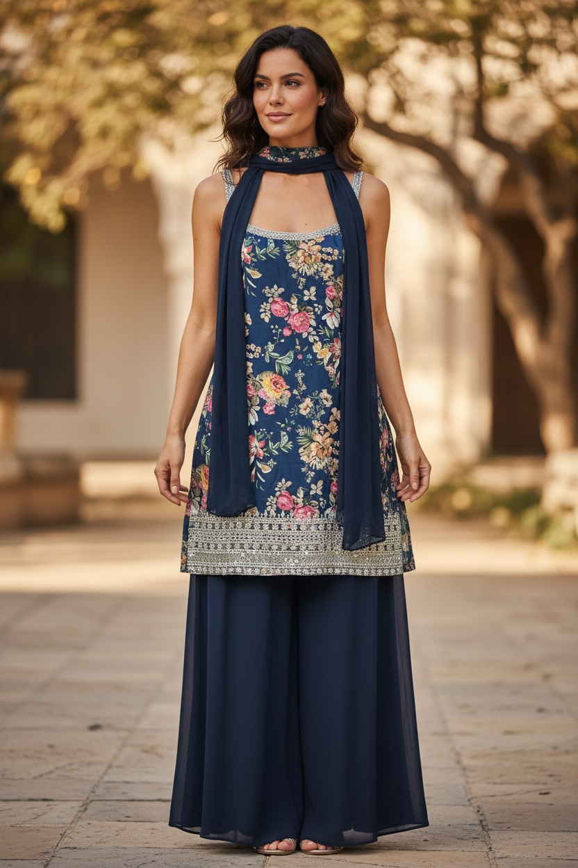 Sleeveless Kurti Plazzo set with necklace dupatta: sharara suit