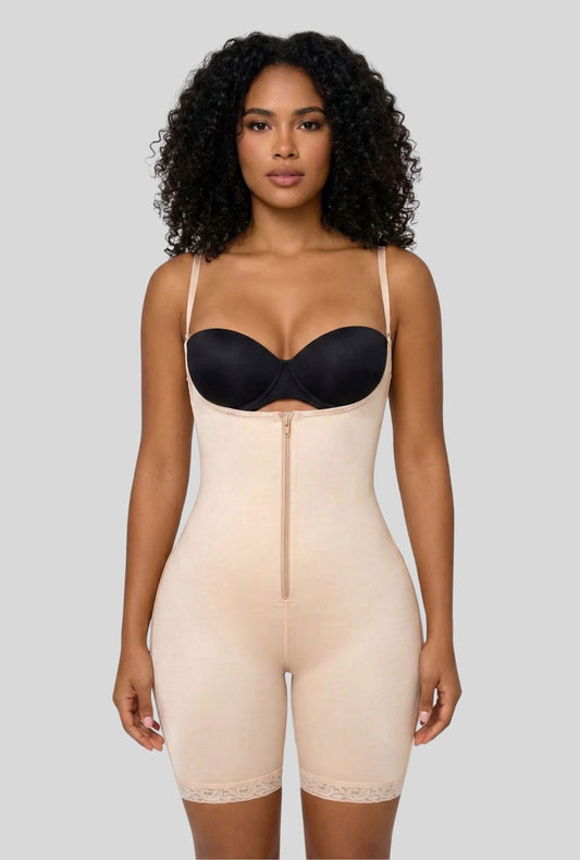 Open Bust Full Body Suit MIid-Thigh w/Front Zipper & Lace