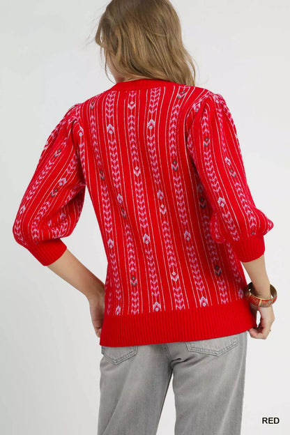 Umgee Jacquard Knit Puff Sleeve Sweater