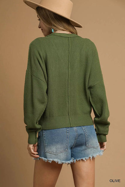 Umgee Chunky Cable Knit V-Neck Button-Up Cardigan