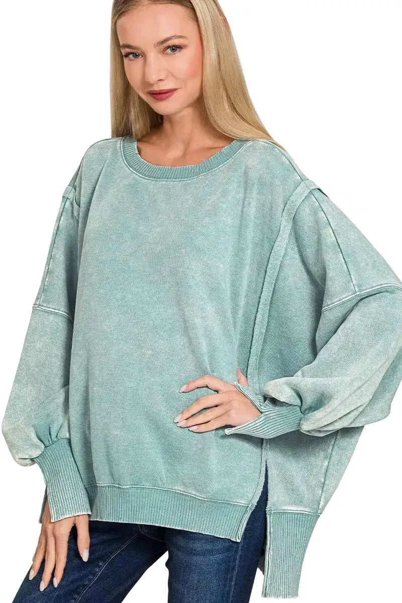 Zenana Acid Washed Batwing Sleeve Fleece Sweatshirt