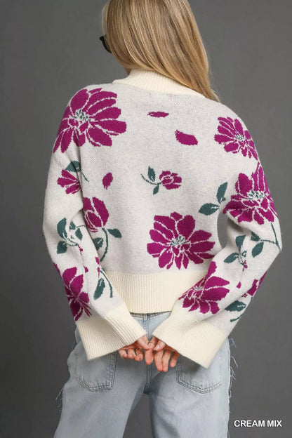 Umgee Floral Patterned Mock Neck Sweater