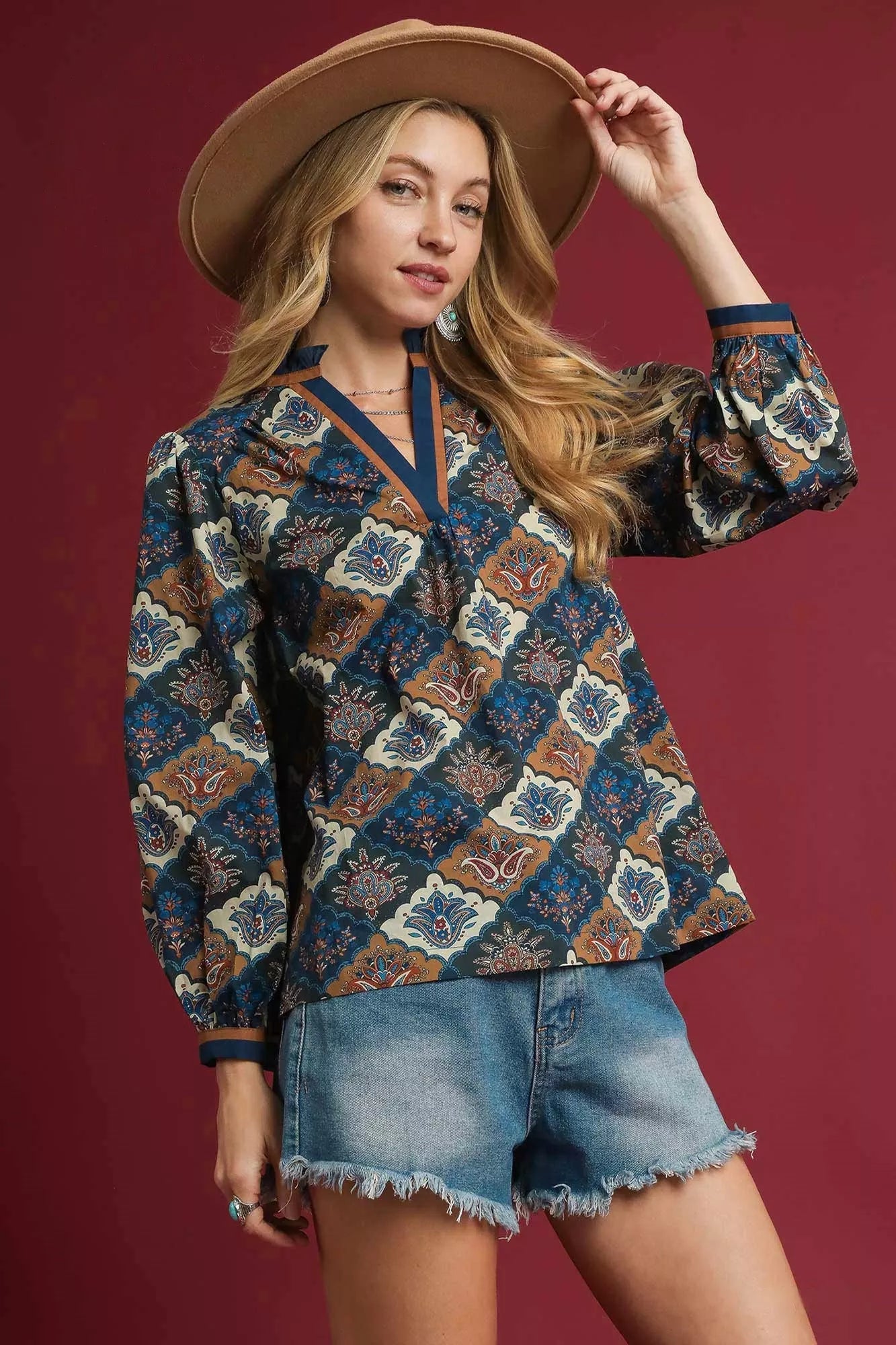Umgee Abstract Print Ruffle Neck Top