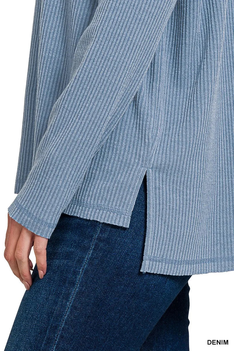Zenana Ribbed Drop Shoulder Round Neck Sweater