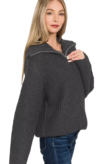 Zenana High Neck Full Zip Sweater Cardigan