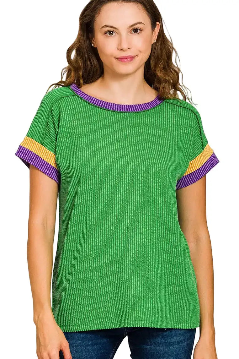 Zenana Mardi Gras Raised Rib Contrast Trim Top