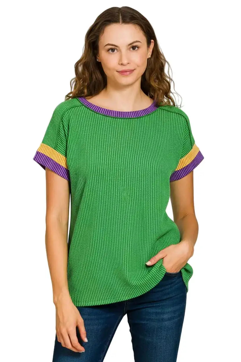 Zenana Mardi Gras Raised Rib Contrast Trim Top
