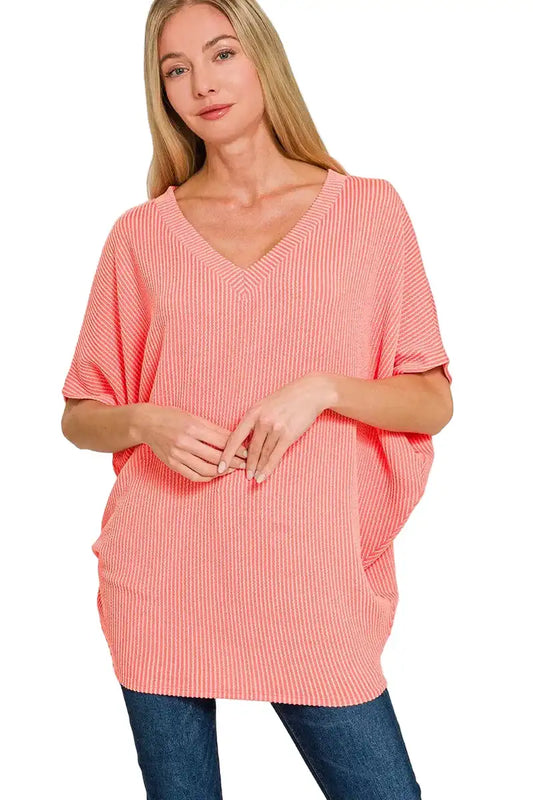 Zenana Raised Rib V-Neck Batwing Top