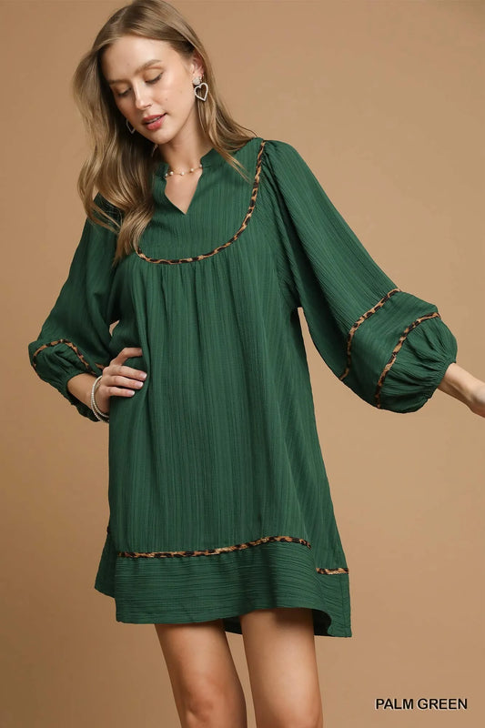 Umgee Textured Babydoll Dress with Leopard Trim