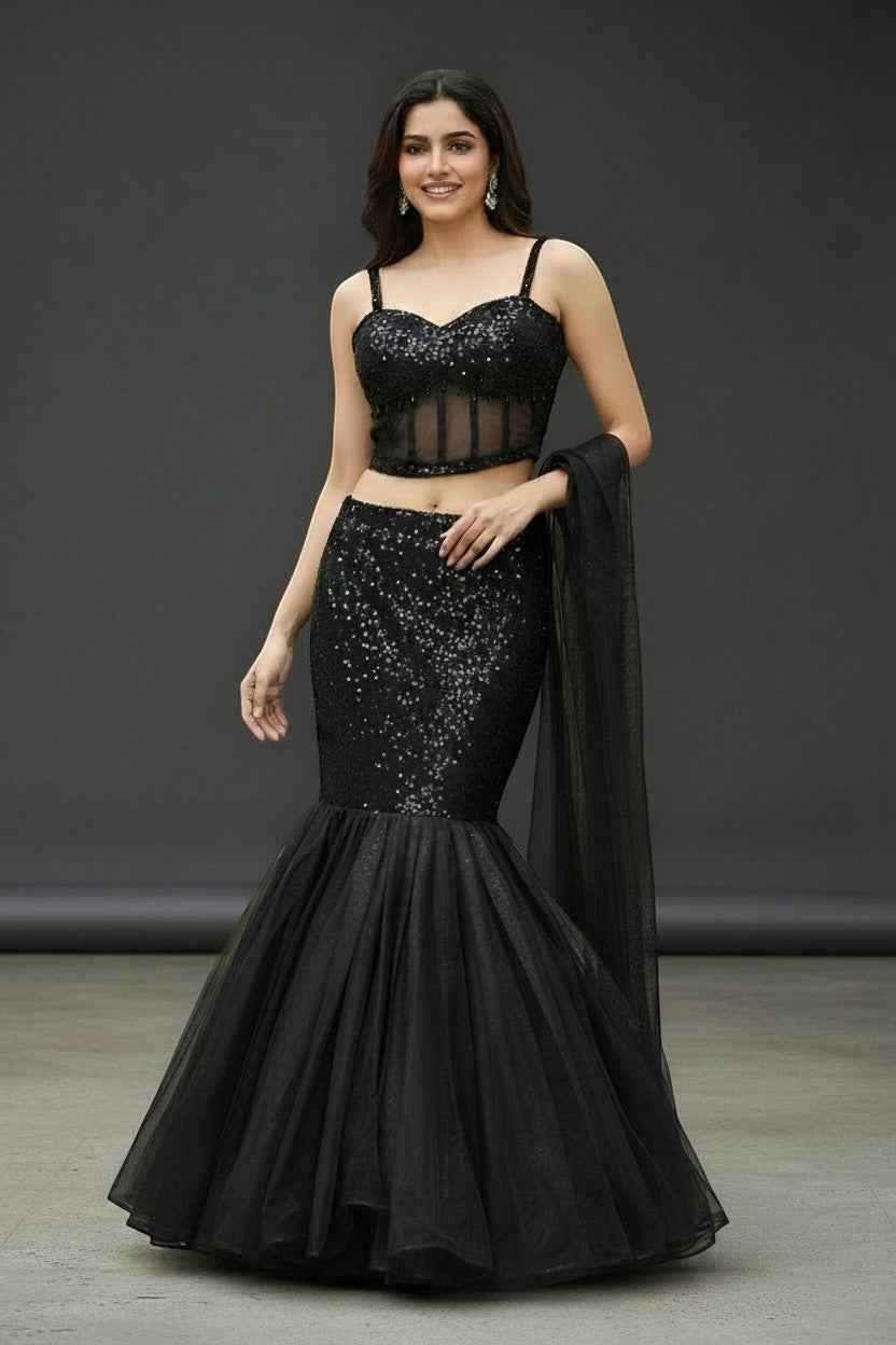 Black shimmer lehenga with corset