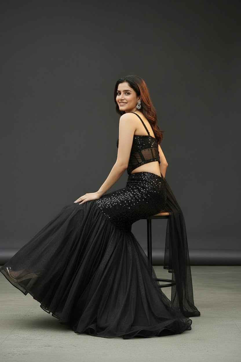 Black shimmer lehenga with corset