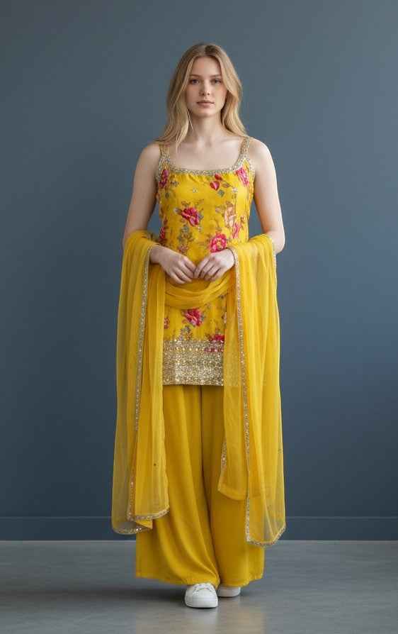 Sleeveless yellow sharara suit