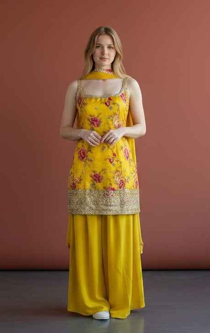 Sleeveless yellow sharara suit