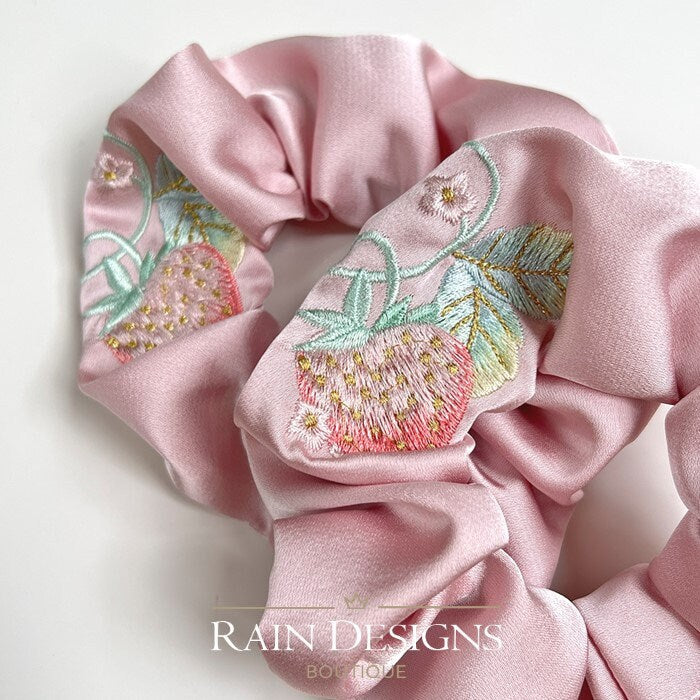 Strawberry Silk Embroidered Scrunchies