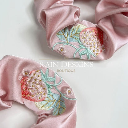 Strawberry Silk Embroidered Scrunchies