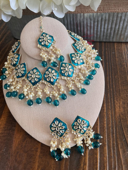 Kundan Necklace Set Gold Plated | Indian Bridal Polki Jewelry | Wedding Necklace Earrings & Maang Tikka | Ethnic Festive Jewelry