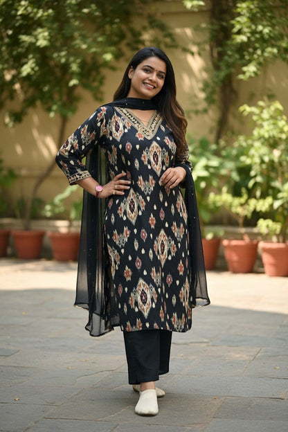 Printed Kurti With Pants And Dupatta Set