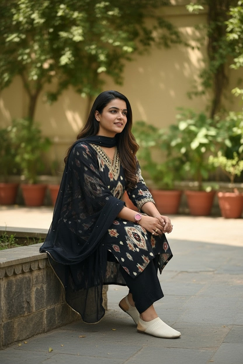Printed Kurti With Pants And Dupatta Set