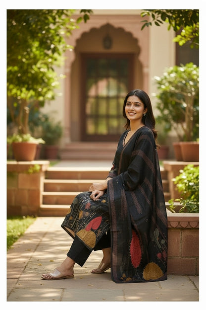 Printed Kurti With Pants And Dupatta Set